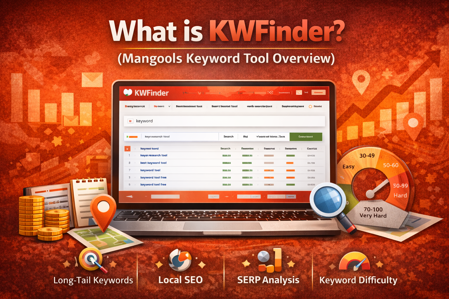 KWFinder keyword research tool dashboard showing long-tail keywords, local SEO, SERP analysis, and keyword difficulty features